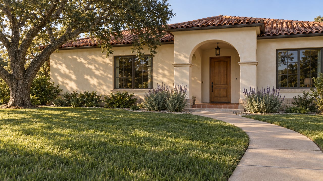 Cream stucco home with a terracotta roof, arched entry, deep lawn and mature oak in warm afternoon light.