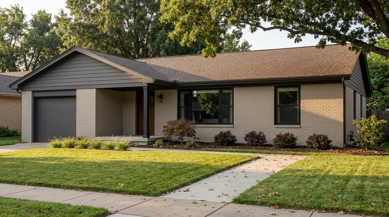 Single-story ranch with a charcoal garage, covered entry, and burgundy foundation shrubs beneath a broad oak canopy.