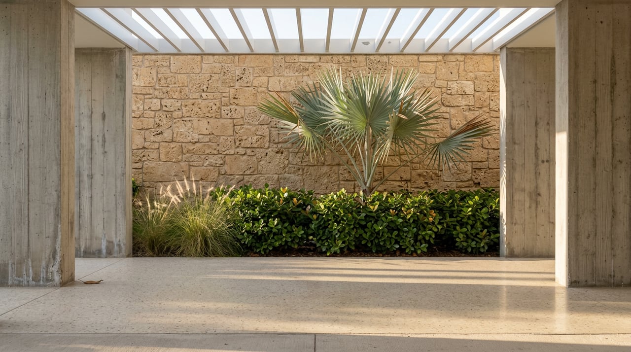 Covered breezeway with terrazzo floor, concrete piers, coral stone wall, and a silver palm above clipped greenery.