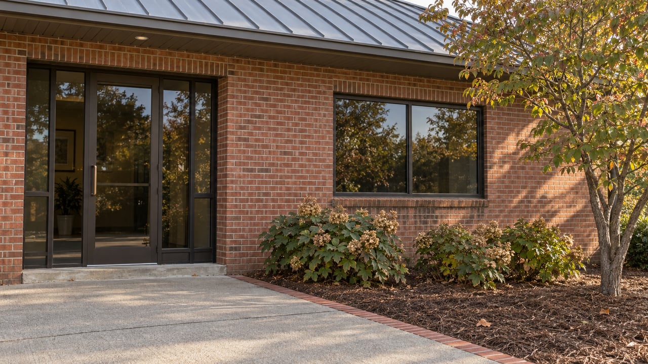 Red brick office entrance with bronze-framed glazing, a gray metal roof, and a concrete approach beside oakleaf hydrangeas and a flowering dogwood.