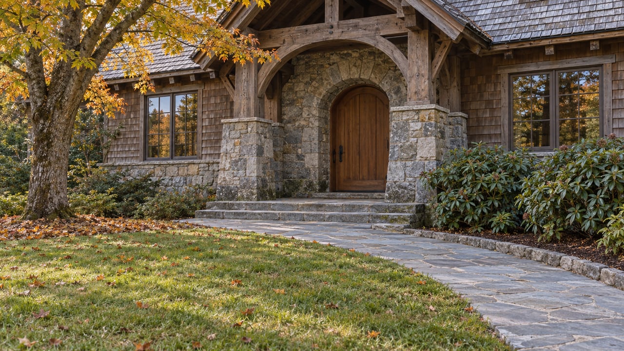 Autumn lawn and curving stone approach leading to an arched timber door in a substantial stone-and-timber home.