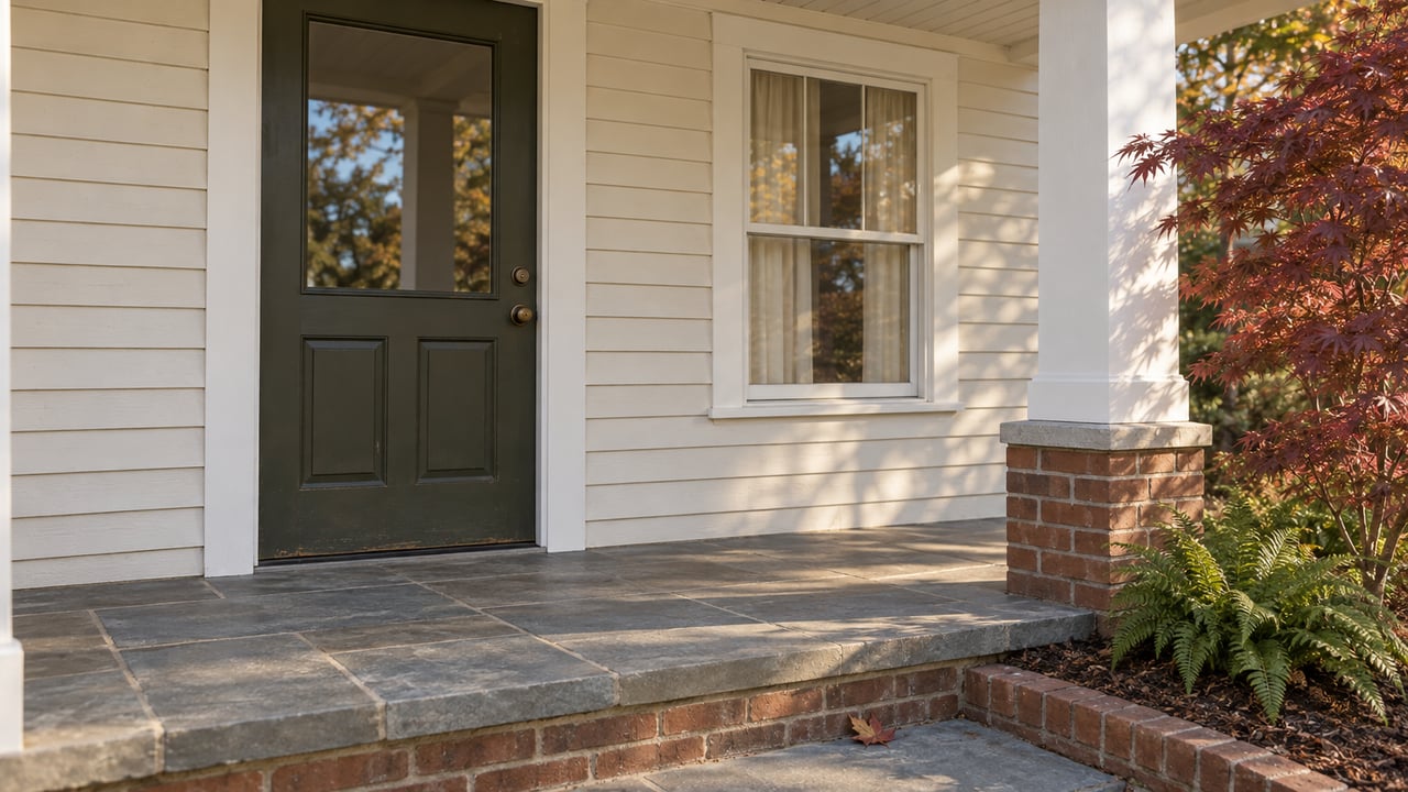 Olive front door and white clapboard siding beside a bluestone porch with brick edging and burgundy maple foliage.