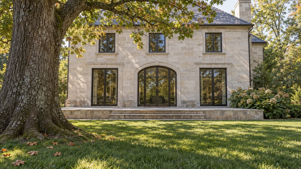 Mature white oak beside a deep lawn and limestone terrace at an elegant pale-stone home with dark-framed windows.