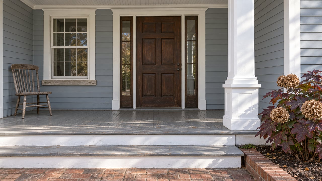 Blue-gray clapboard home entry with paired glazed sidelights, white porch trim, worn painted steps and an oakleaf hydrangea in autumn color.