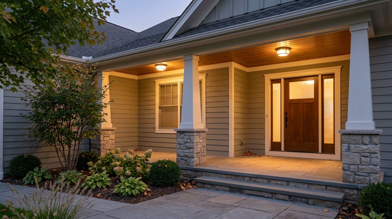 Warm-lit porch with white columns, glowing sidelights, bluestone steps, and late-season hydrangeas at dusk.