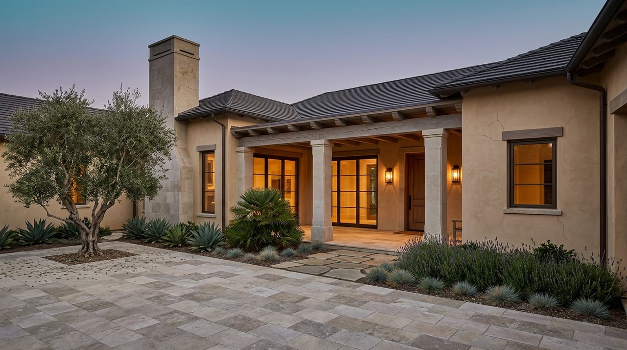 Custom estate with a covered loggia, bronze-framed windows, and an olive tree beside a limestone motor court at dusk.
