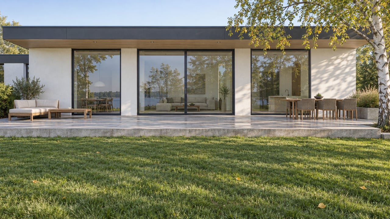 Modern glass-fronted home with a broad lawn, light concrete terrace and a paper birch in soft morning light.