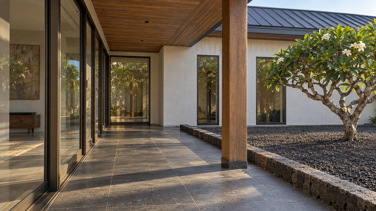 A sheltered timber-roofed lanai with bronze-framed glass, basalt paving, and a flowering plumeria beside a stucco pavilion.