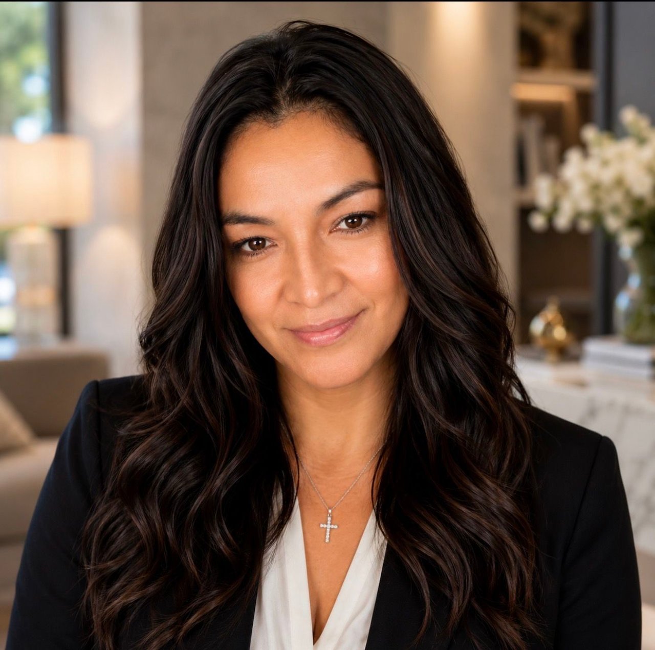 Dayana Karoly wearing a black blazer and cross necklace.