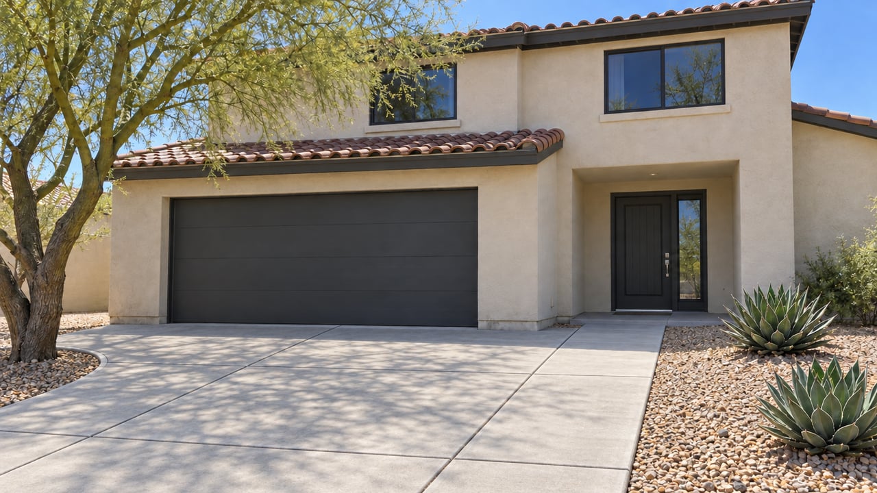 Ivory stucco home with tiled roof, charcoal garage door, concrete driveway and entry walk bordered by a gravel garden.