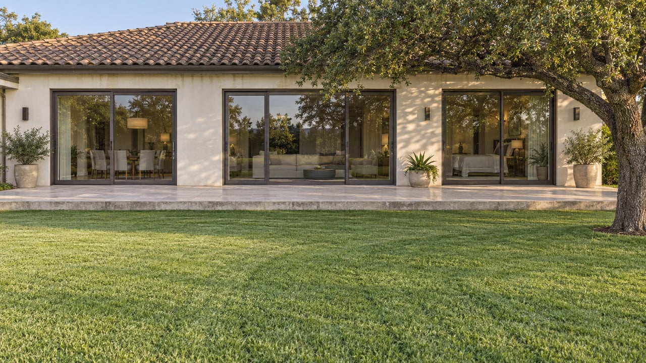 Detached ivory-stucco home beyond a broad mown lawn, with a raised terrace, sliding-glass doors, and a spreading oak.