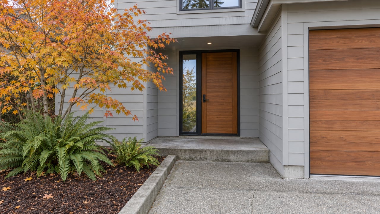 Renovated house entry with pale-gray lap siding, warm wood doors, a concrete approach and autumn vine maple leaves.