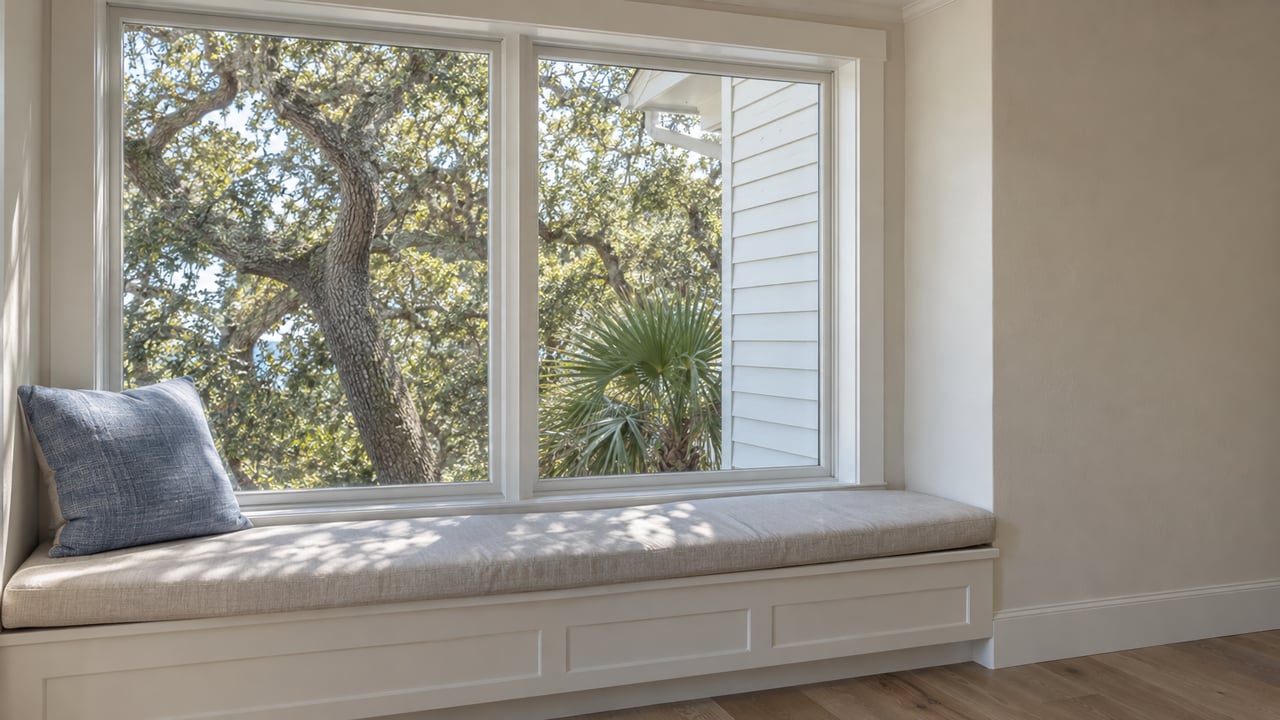 Closed two-panel window overlooks a mature oak, above a built-in seat with a faded blue pillow.