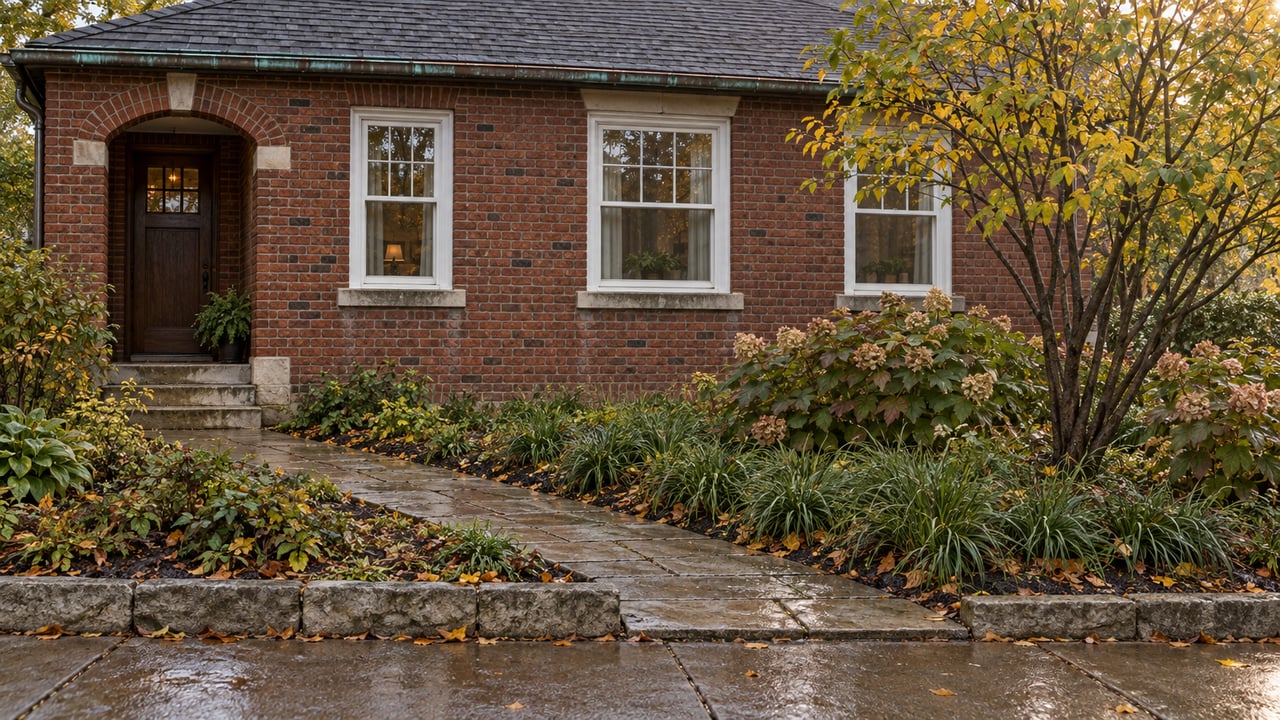 Brick bungalow with a recessed oak door, diagonal stone walk, and yellowing serviceberry above a rain-darkened garden.