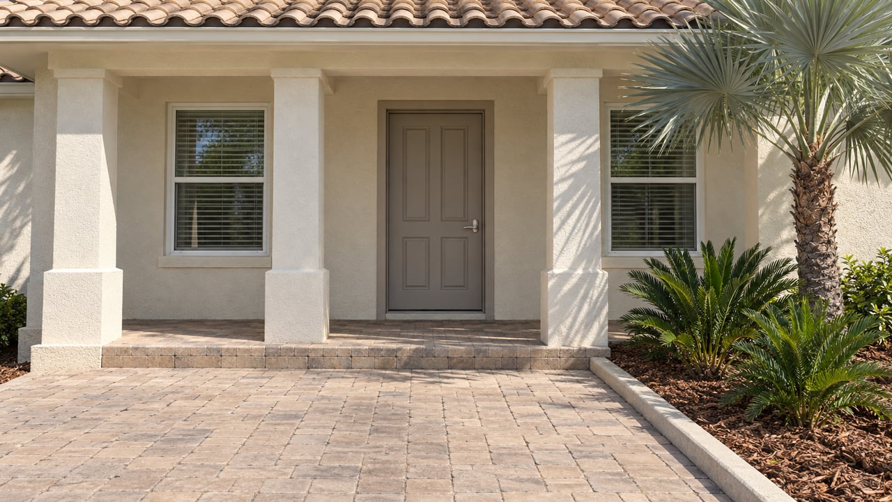 Home entrance with a covered porch, terracotta tile roof, paver walkway, and palm landscaping.