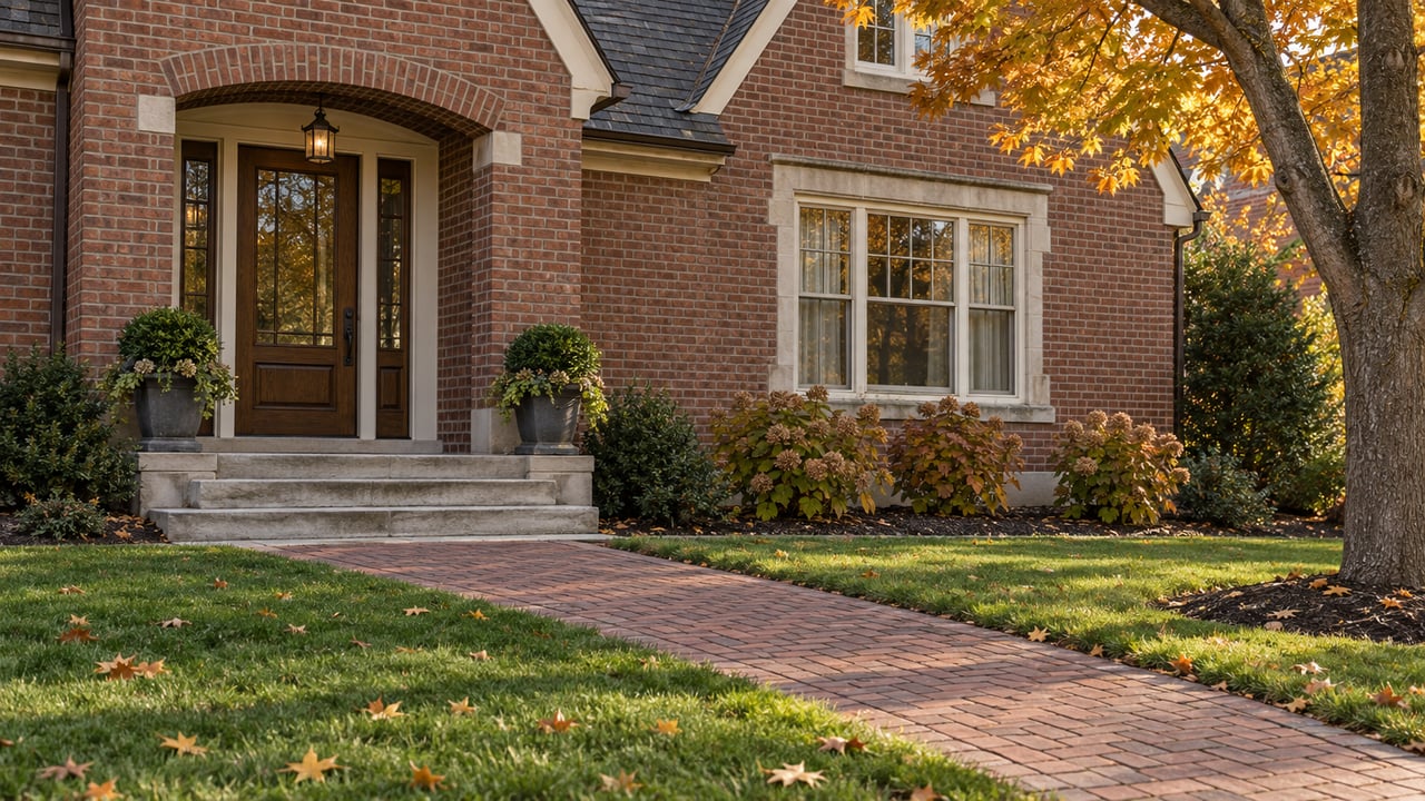 Autumn light on a brick home's glazed oak entry, limestone steps and brick approach beside an amber sugar maple.