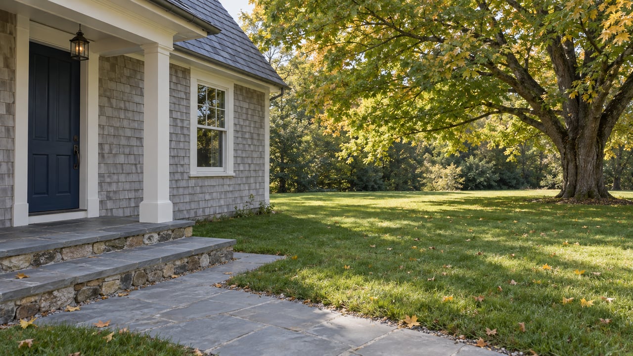 A blue front door and bluestone steps open onto a deep lawn beneath a broad, gold-tinged tree.
