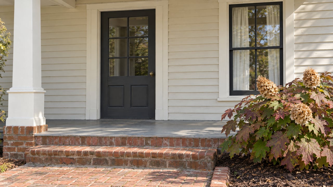 Cream clapboard house with a shaded glazed front door, brick porch steps and an oakleaf hydrangea turning burgundy.