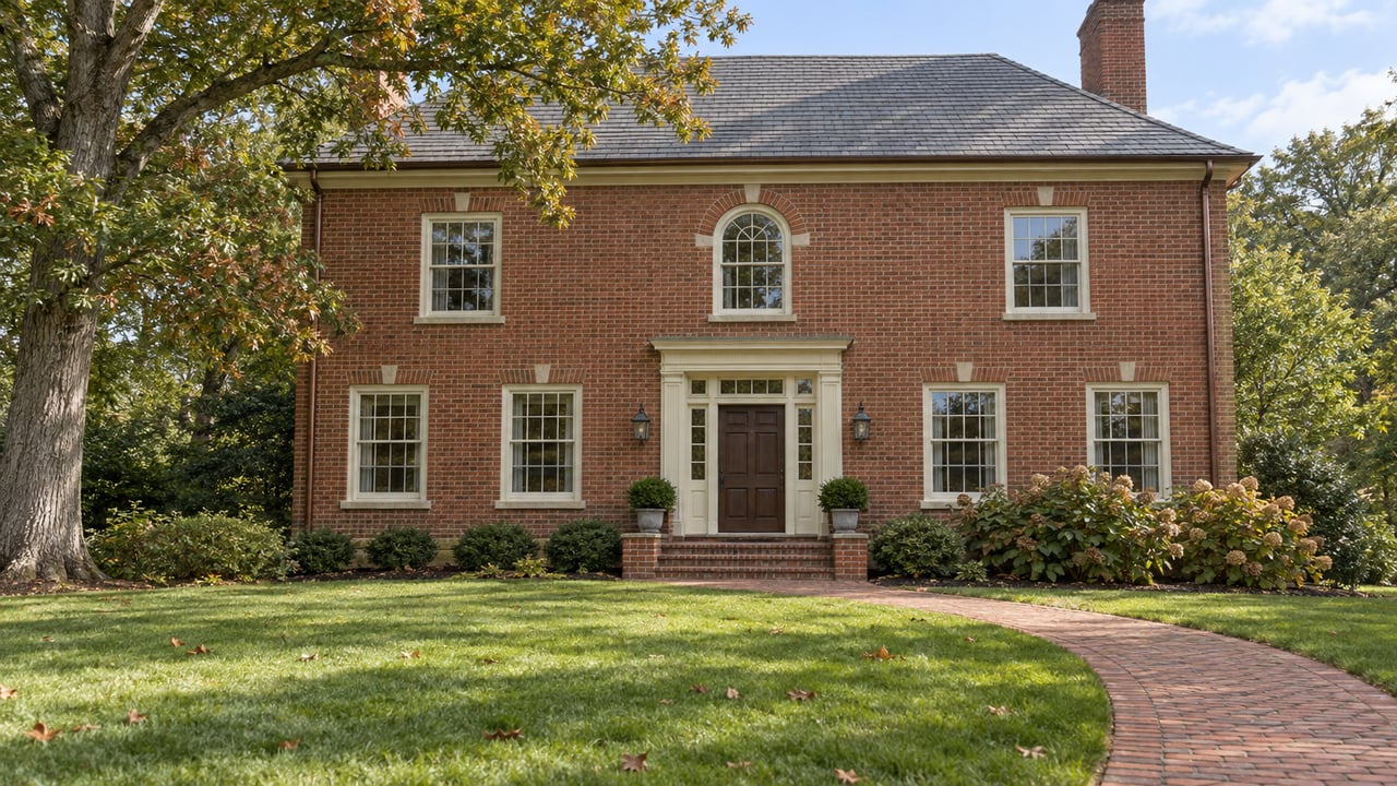 A two-story brick home with ivory window trim, a slate roof, and a curved brick walk across a broad lawn beneath a mature white oak.
