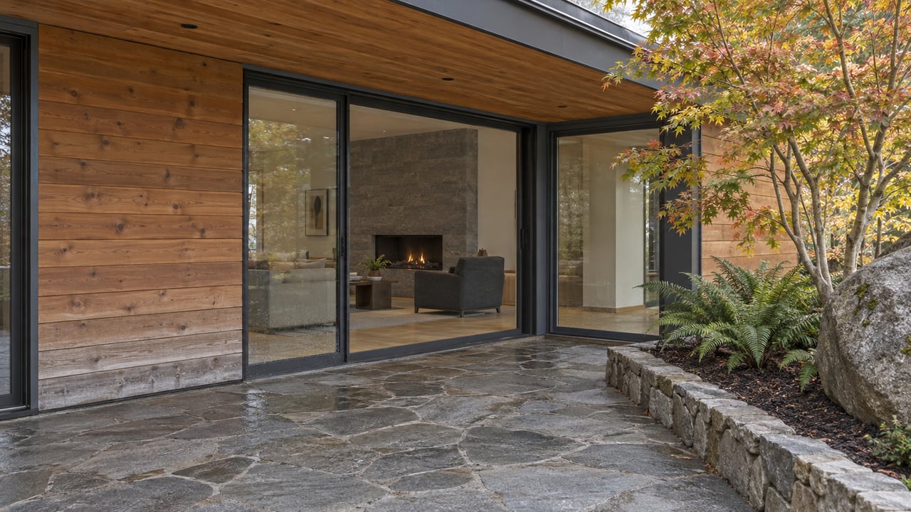 Covered stone terrace beside a cedar-clad modern home with dark-framed glass doors, a weathered boulder, vine maple and sword ferns.