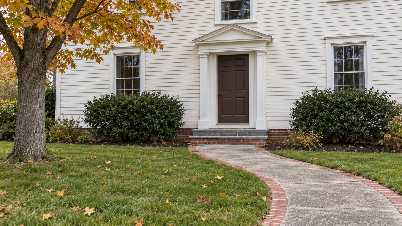 Ivory clapboard home with a brown front door, divided-light windows, brick-edged walk and autumn maple leaves on the lawn.