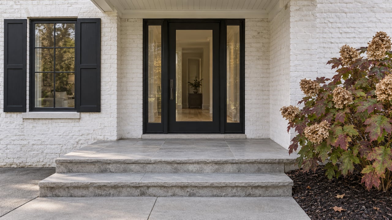 White-painted brick home with a black-framed glazed entry, paired sidelights, limestone steps, and an oakleaf hydrangea in autumn color.