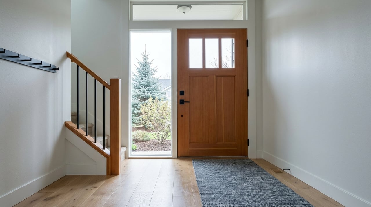 Foyer with white-oak floors, fir-trimmed staircase, and fir front door beside a sidelite.