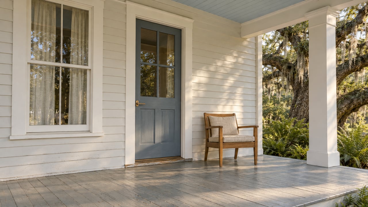 Sunlit covered porch with white clapboard, a blue-gray glazed entrance door, a teak chair and a spreading live oak beside the porch.