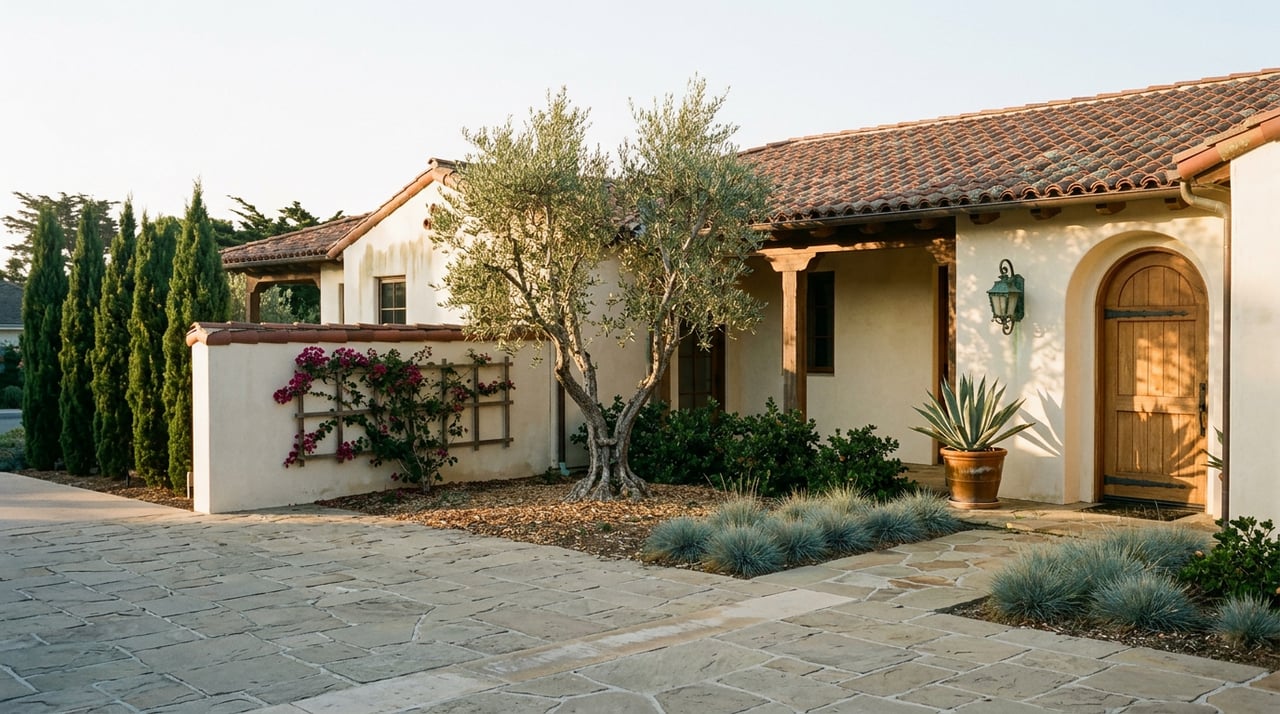 Spanish Colonial Revival courtyard with a tiled roof, arched wooden door, gnarled olive tree, and magenta bougainvillea.