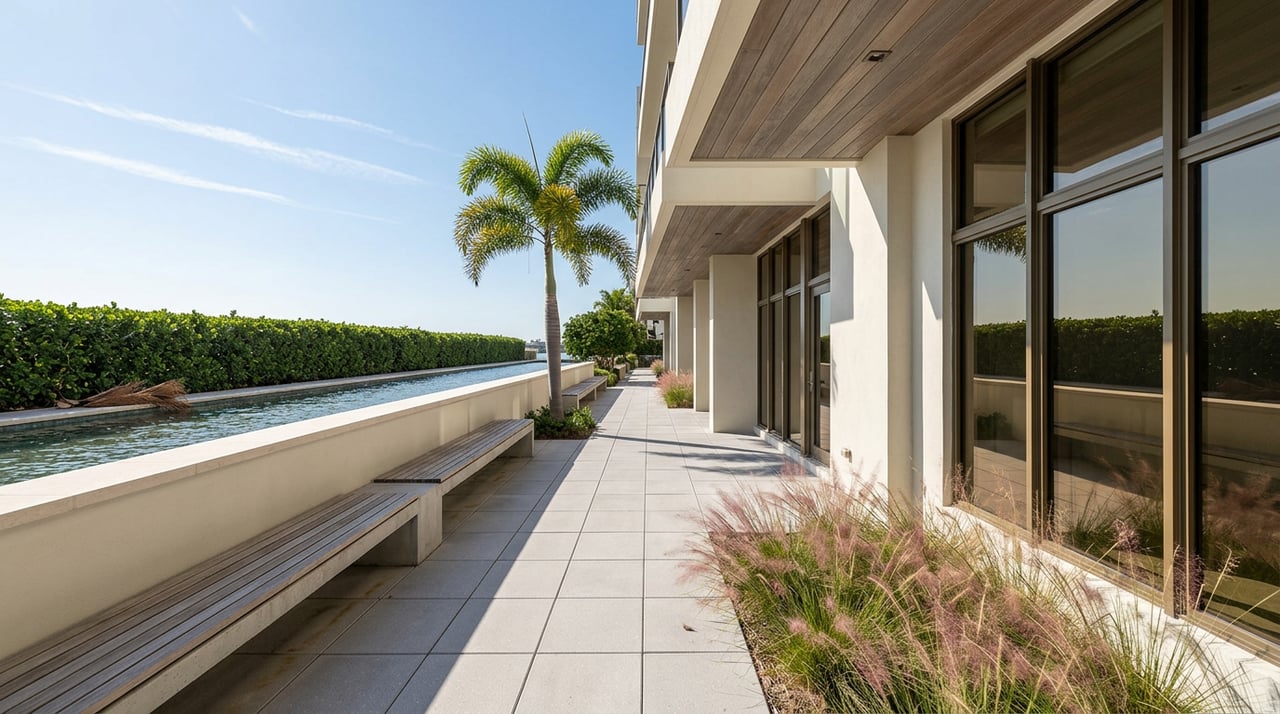 Waterside promenade beside an apartment building, with a foxtail palm, teak bench, and hedge-lined water.