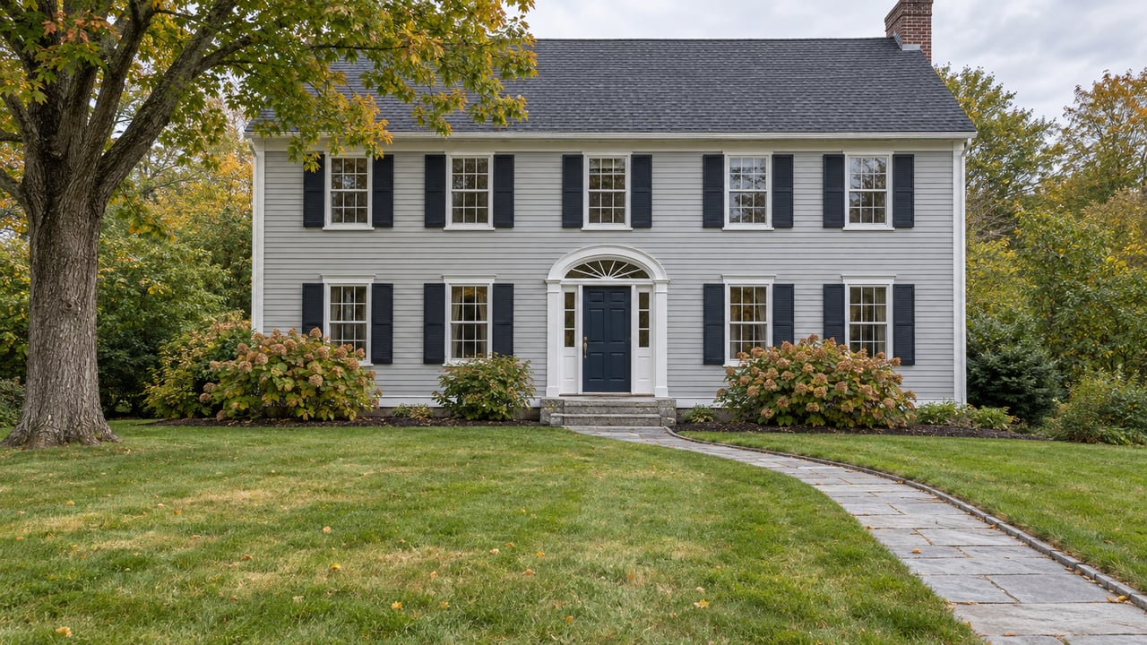 Traditional gray clapboard home beyond a broad, naturally varied lawn, with granite entry steps, a navy door, and an autumn-tinted sugar maple.