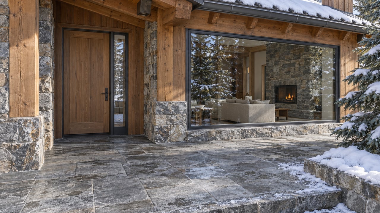 Timber-and-stone home entry and large picture window above a cleared quartzite terrace, with snow along a stone curb and spruce branches at the edge.