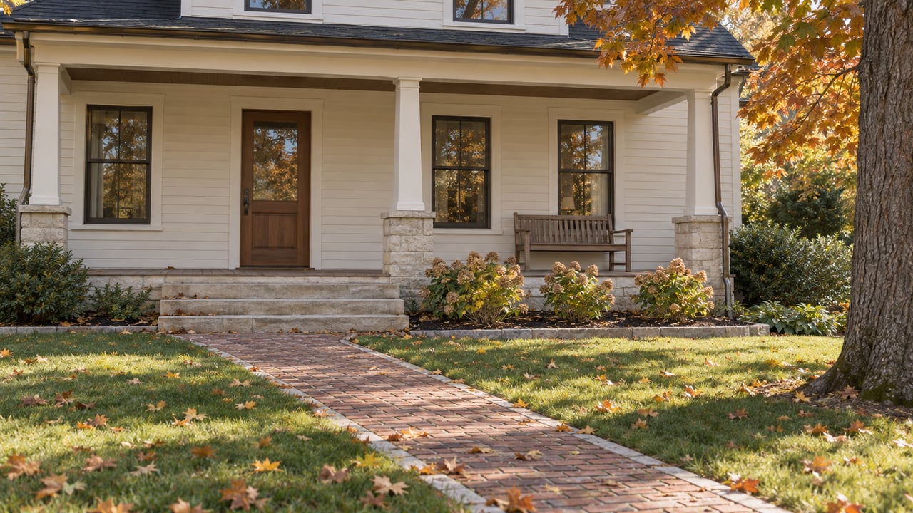 Ivory clapboard home with a covered timber porch, limestone steps and a brick approach across an autumn lawn.