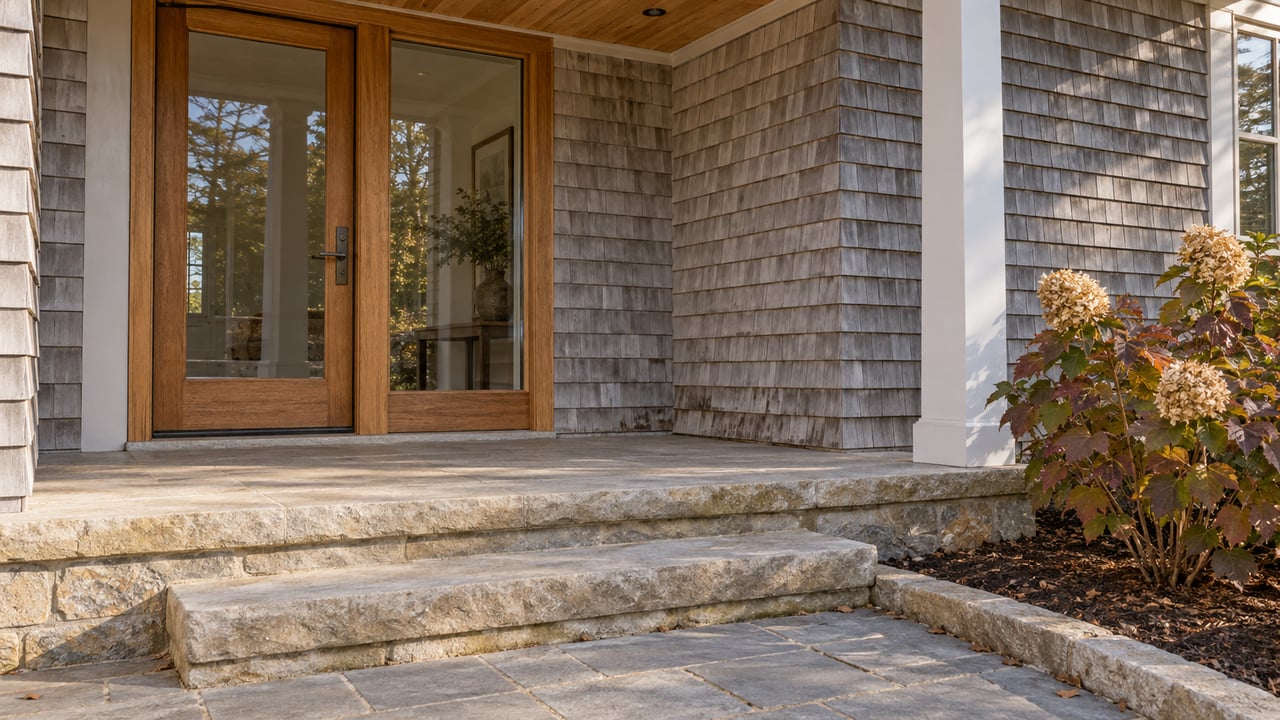 Covered cottage entry with gray cedar shingles, an oak-framed glass door, limestone steps and an autumn oakleaf hydrangea.