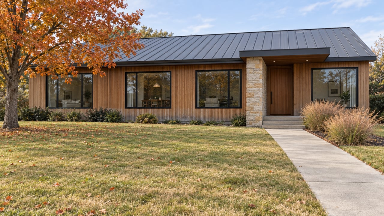 A renovated single-story home with cedar siding, sandstone entry and broad windows beyond a deep autumn lawn and a mature orange-leaved maple.