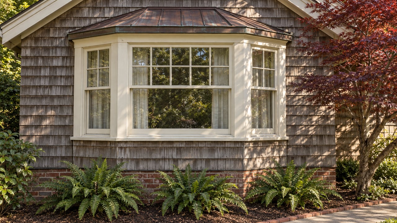 Sunlight across weathered cedar shingles and a cream-trimmed bay window, with a red-leaf maple and sword ferns in the front garden.