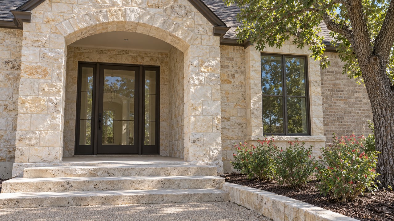 Recessed arched limestone entry beside a tall dark-framed window, with broad stone steps and a planted bed.