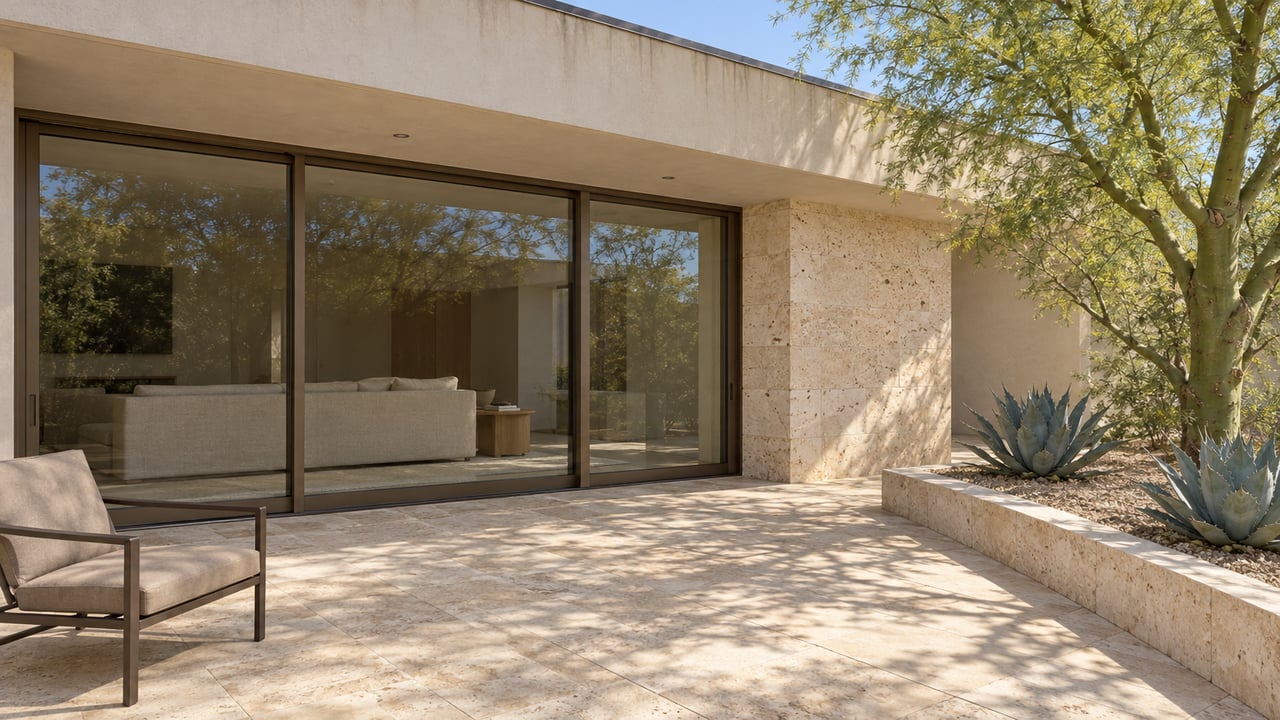 Sunlit limestone terrace beside closed bronze-framed glass doors, with a shaded living room and a sculptural green-trunk tree in a raised desert planting bed.