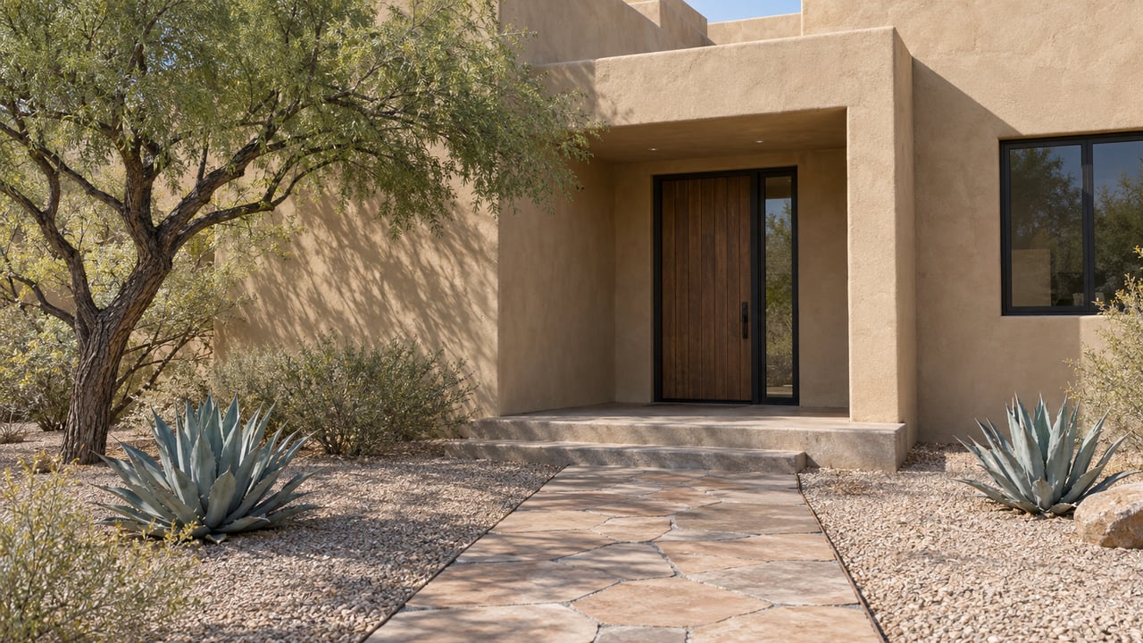 Sand-colored stucco home with a recessed timber entry, irregular paver approach, gravel, agave plants, and a mesquite tree.