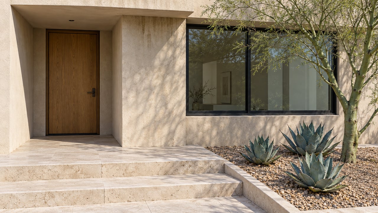 Sunlit stucco residence entrance with a sheltered oak door, black-framed window, limestone steps, and sculptural desert planting.