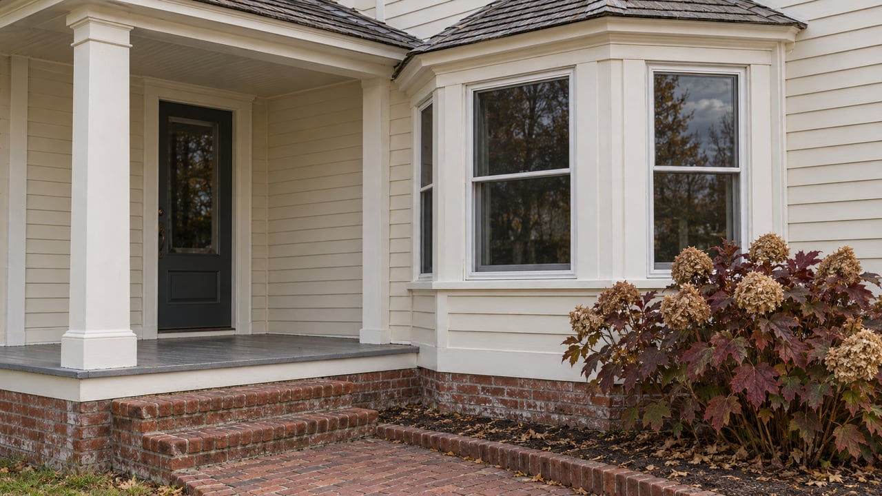 Ivory clapboard home with a covered porch, projecting bay window, worn brick steps, and burgundy oakleaf hydrangea.