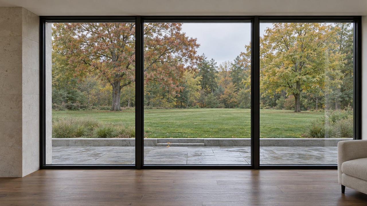 Three black-framed glass bays overlook a deep lawn, two mature trees, and a bluestone terrace.