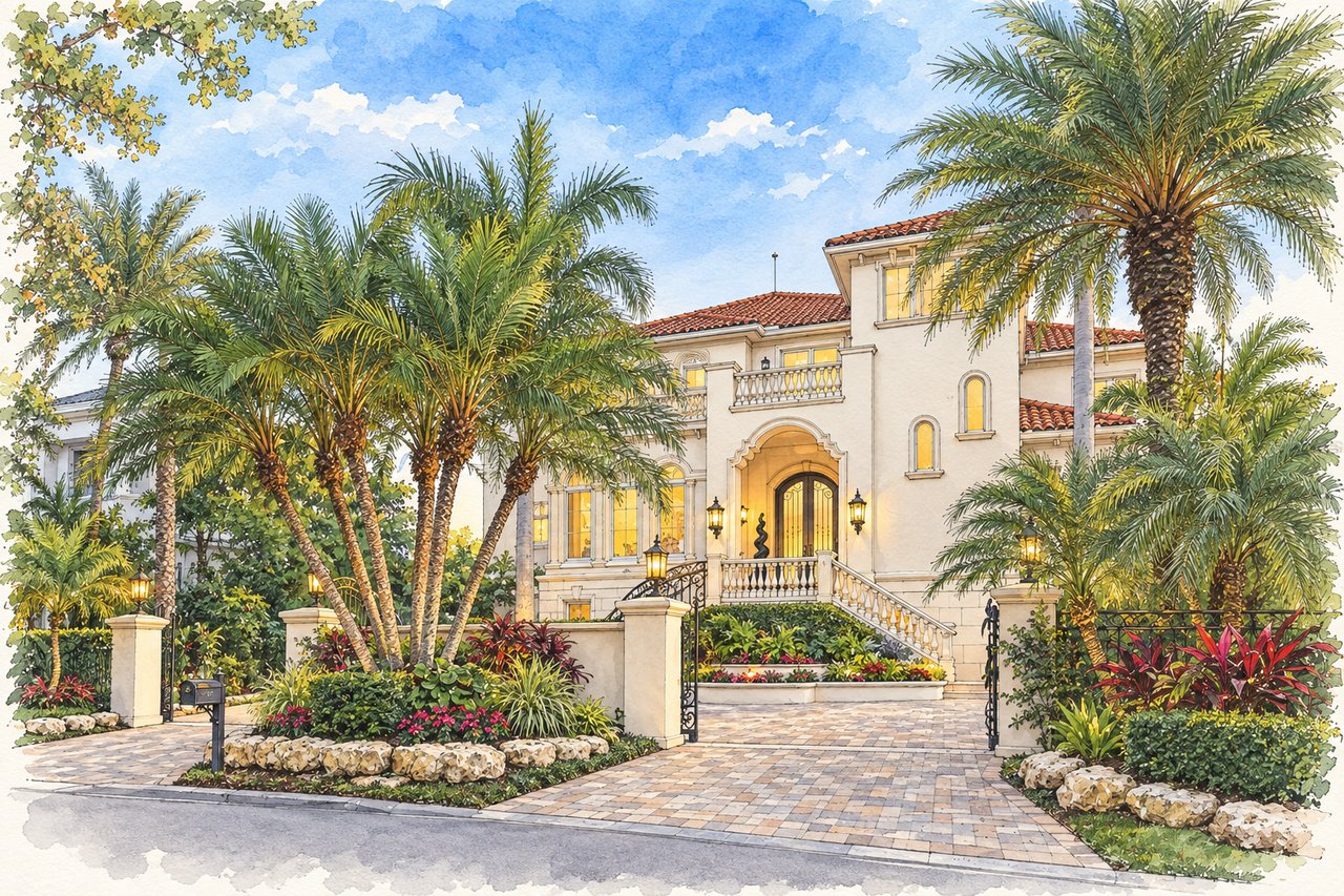 Illustrated Mediterranean estate with red tile roofs, a grand staircase, palm trees, and landscaped entrance.
