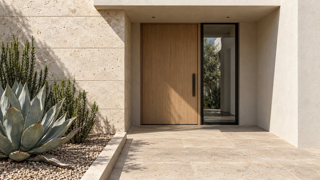 Sunlit stucco and limestone home entrance with a pale oak door, black-framed sidelight, and blue-gray agave beside a raised stone approach.