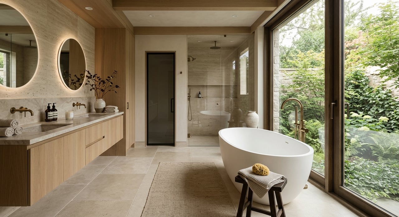 White freestanding tub beneath a divided-light window, beside an oak vanity with brass fixtures.
