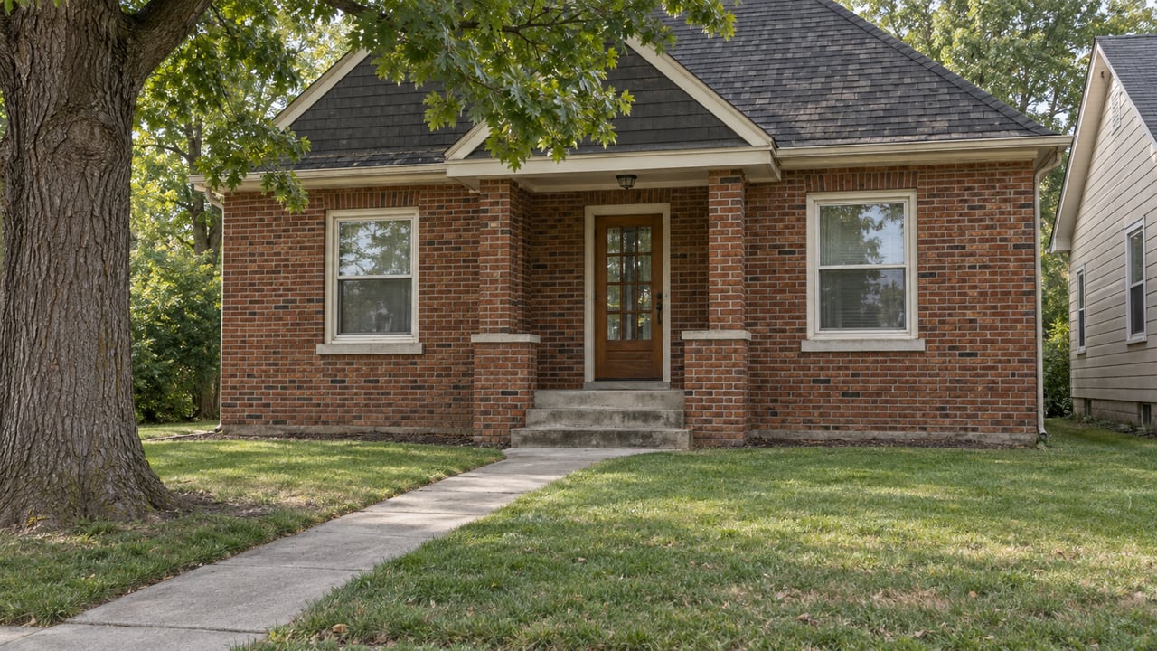 Brick bungalow with centered entry, flanking windows, concrete walk crossing lawn beneath an oak canopy.