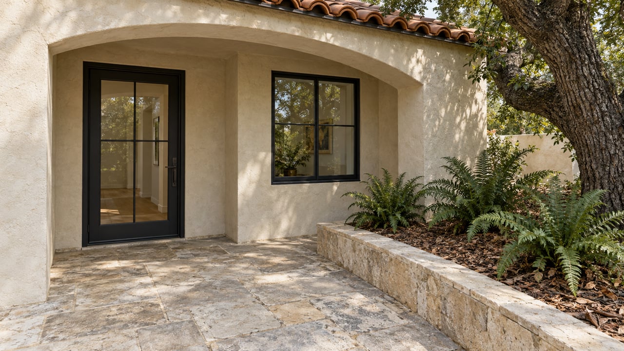 Cream stucco arched entry with black-framed glass door, weathered limestone terrace and oak-shaded ferns.