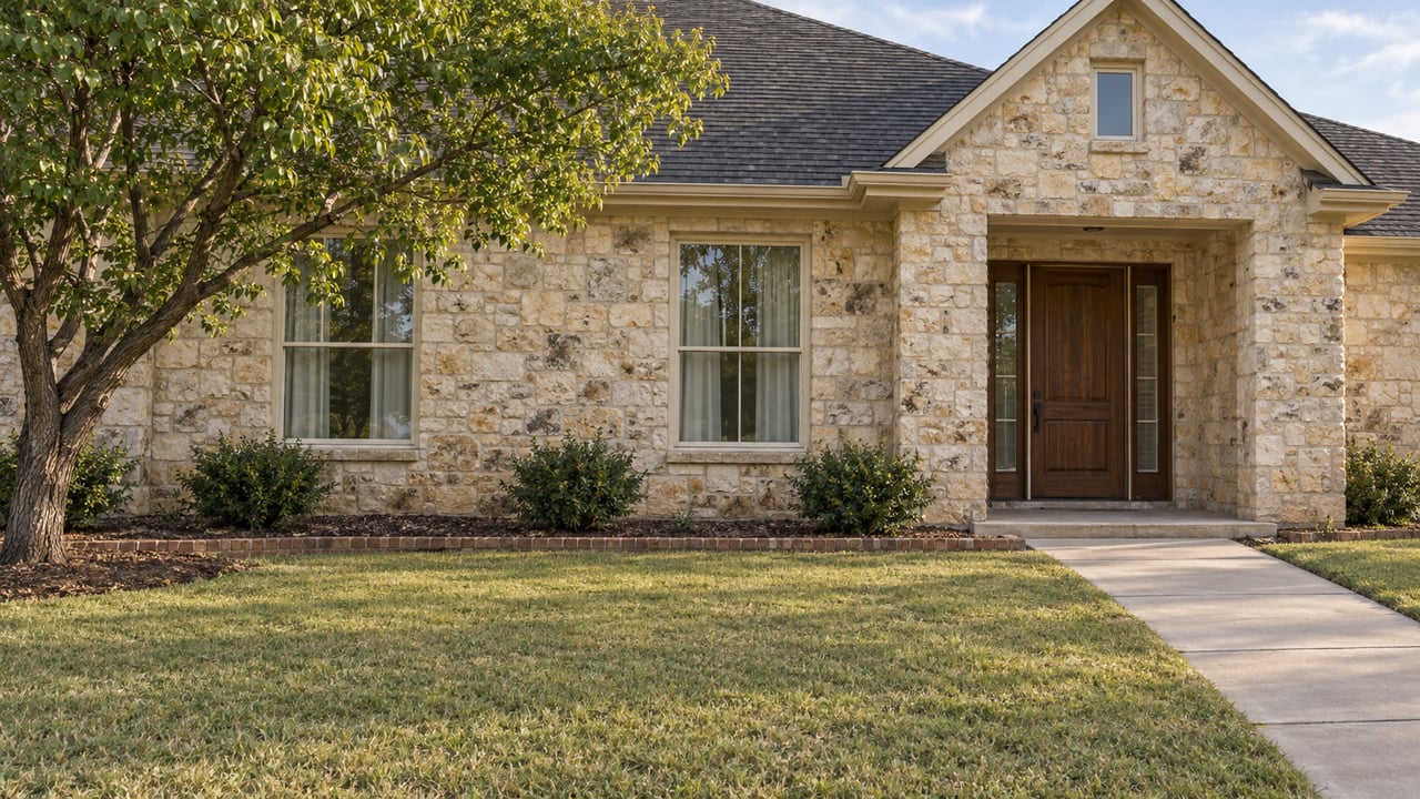 Tan stone single-story home with a dark gabled roof, cream window frames, a broad front lawn and a redbud beside the entry.