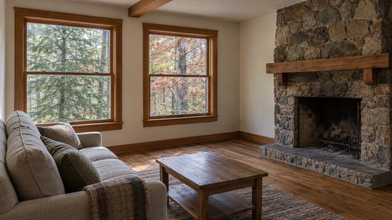 Living room with two glazed woodland-facing windows, a fieldstone fireplace, and a linen sofa.