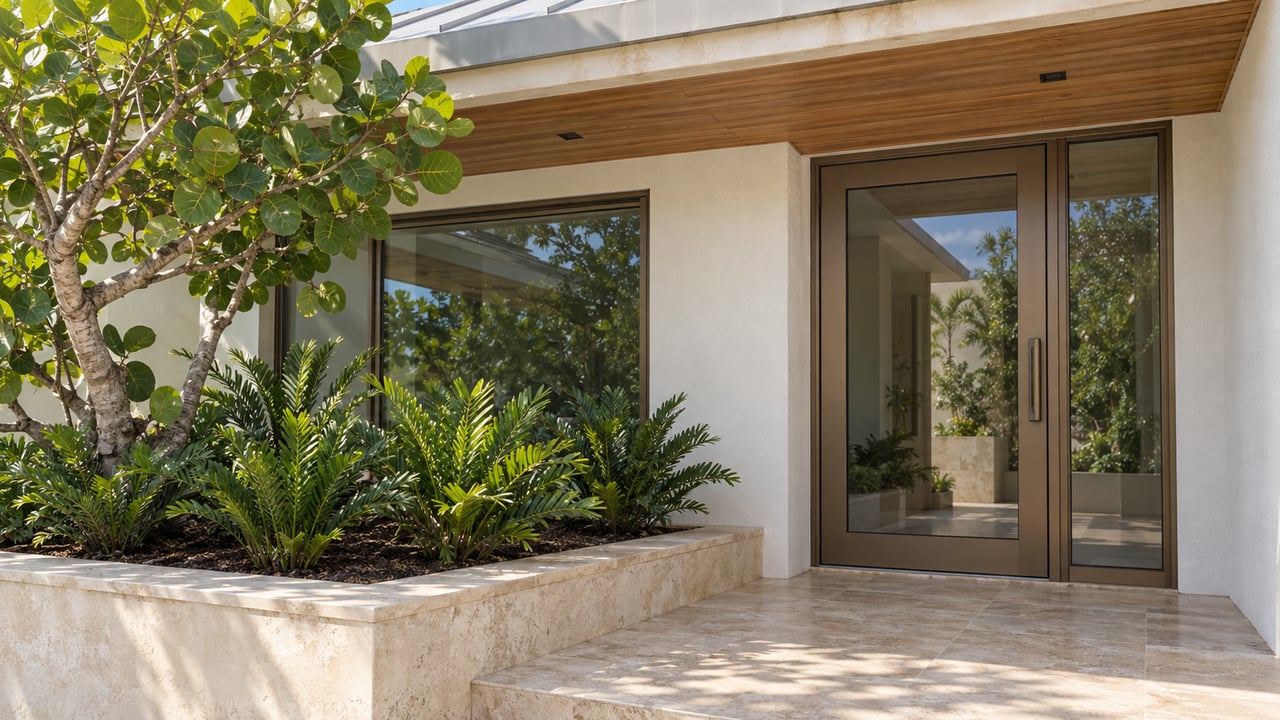 Sunlit white stucco entrance with bronze-framed glass, a teak soffit, travertine landing and a sea grape specimen in a raised masonry planter.